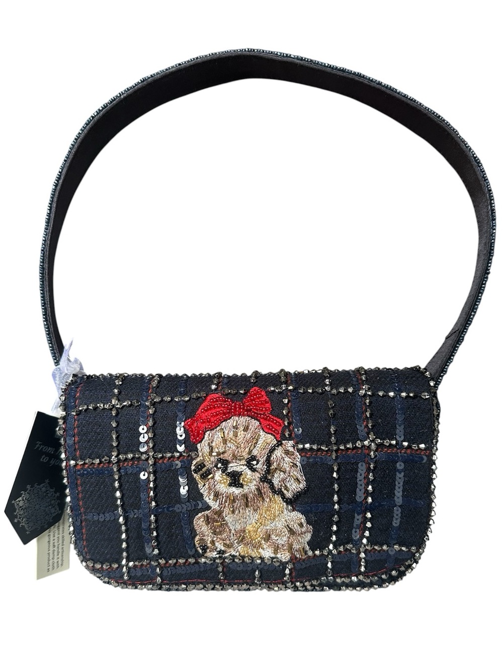 Beaded navy plaid shoulder bag with a charming beaded puppy applique